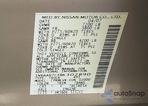 2008 Nissan Titan Le from USA, damaged, VIN 1N6AA07C48N302890